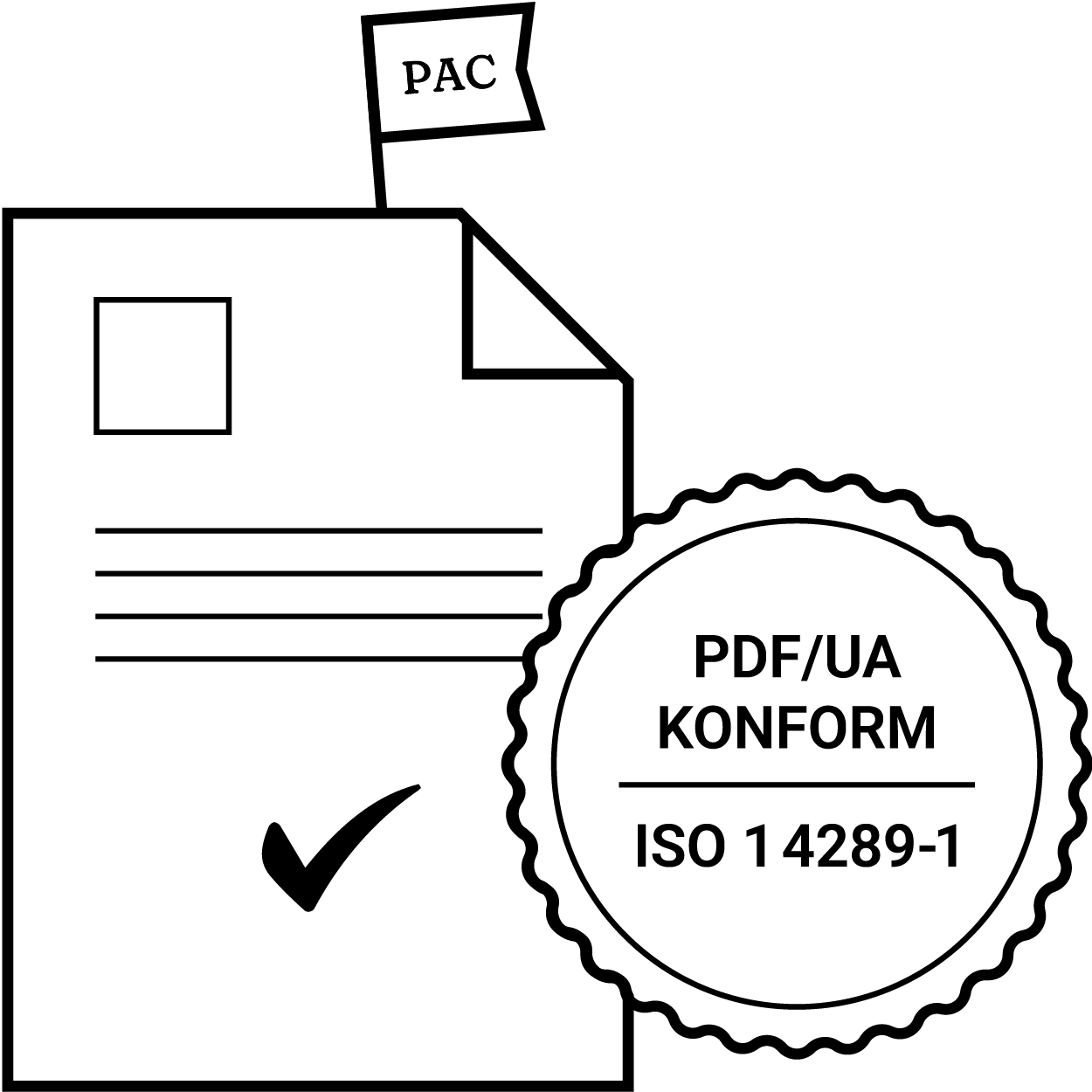 Schematische Darstellung eines geprüften Dokuments mit Häkchen und Zertifizierungssiegel PDF/UA konform – ISO 14289-1